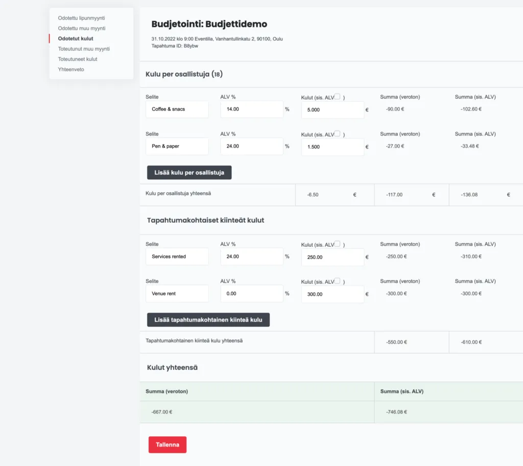 Budjetointityökalu: odotetut kulut kirjataan osallistujakohtaisesti ja kiinteinä kuluina