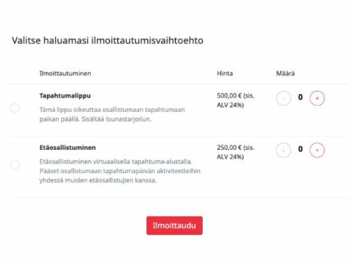 Lipunmyynnissä on valittavissa tapahtumalippu tai etäosallistumislippu.