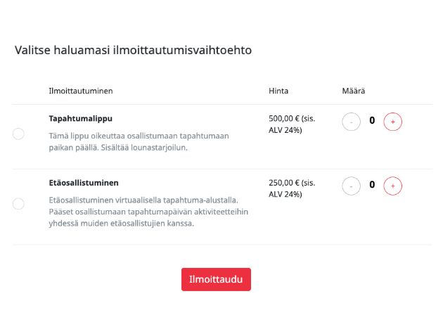 Lipunmyynnissä on valittavissa tapahtumalippu tai etäosallistumislippu.