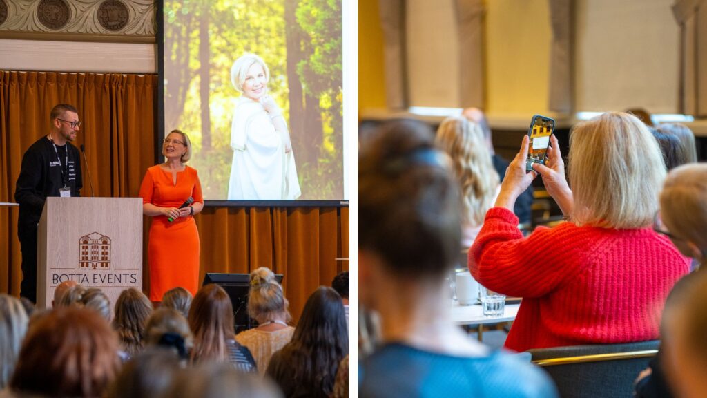 Mika Tiainen ja Elina Koivumäki lavalla. Yleisöä tapahtumassa.