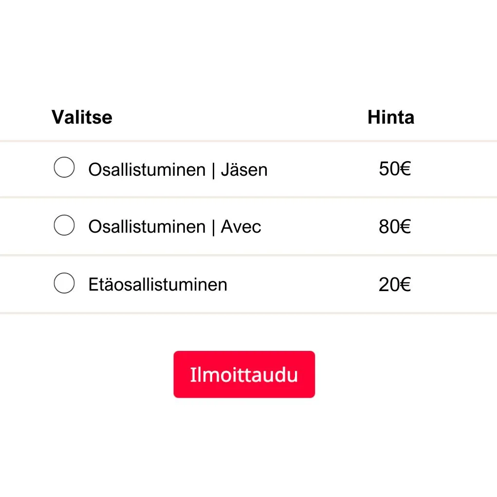 Eri lipputyypit esillä lipunmyyntisivulla