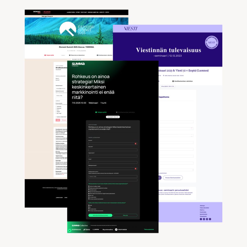 Eventilla-ilmoittautumisjärjestelmällä luotuja brändin mukaisia ilmoittautumislomakkeita