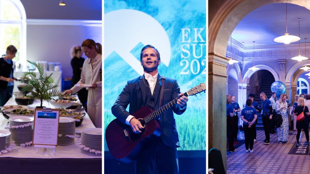 Osallistujia Ekonomi Summit-tapahtumassa, ja tilaisuuden juontaja Ilkka Ihamäki.