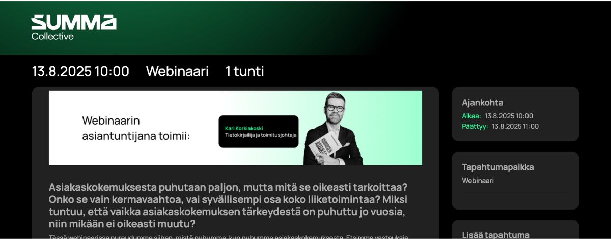 Ilmoittautumissivu Summa Collectiven omalla brändi-ilmeellä