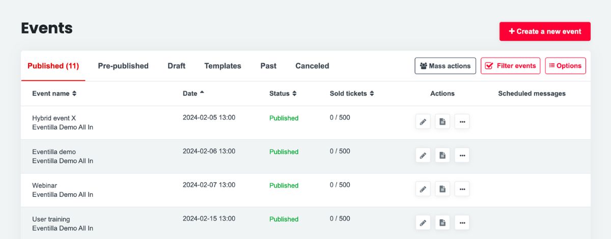 Events listed in event registration software