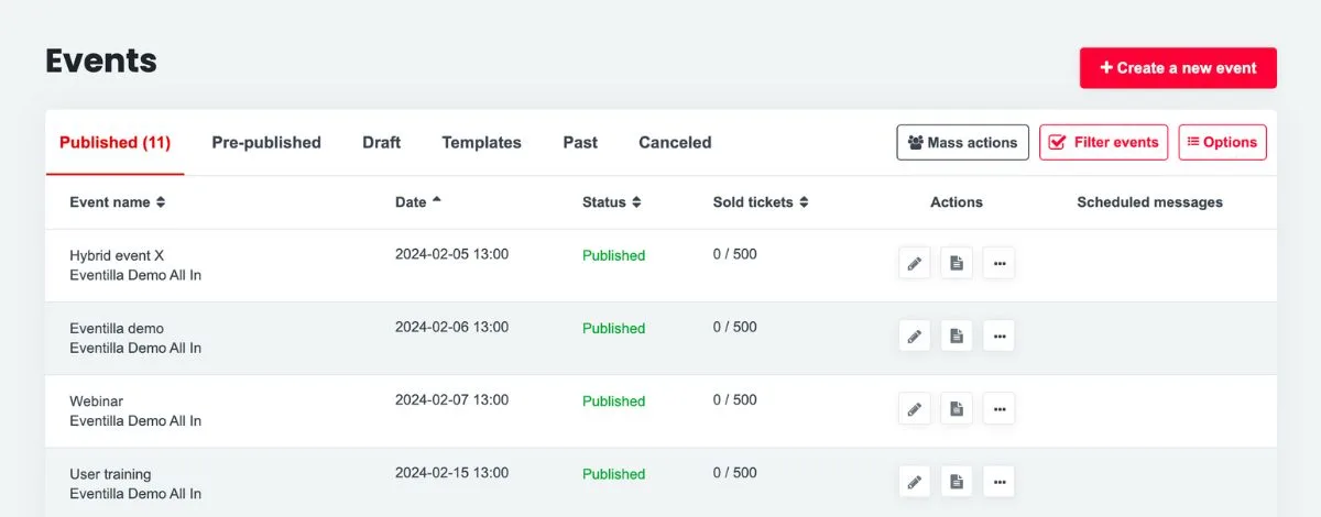 events listed in event management software